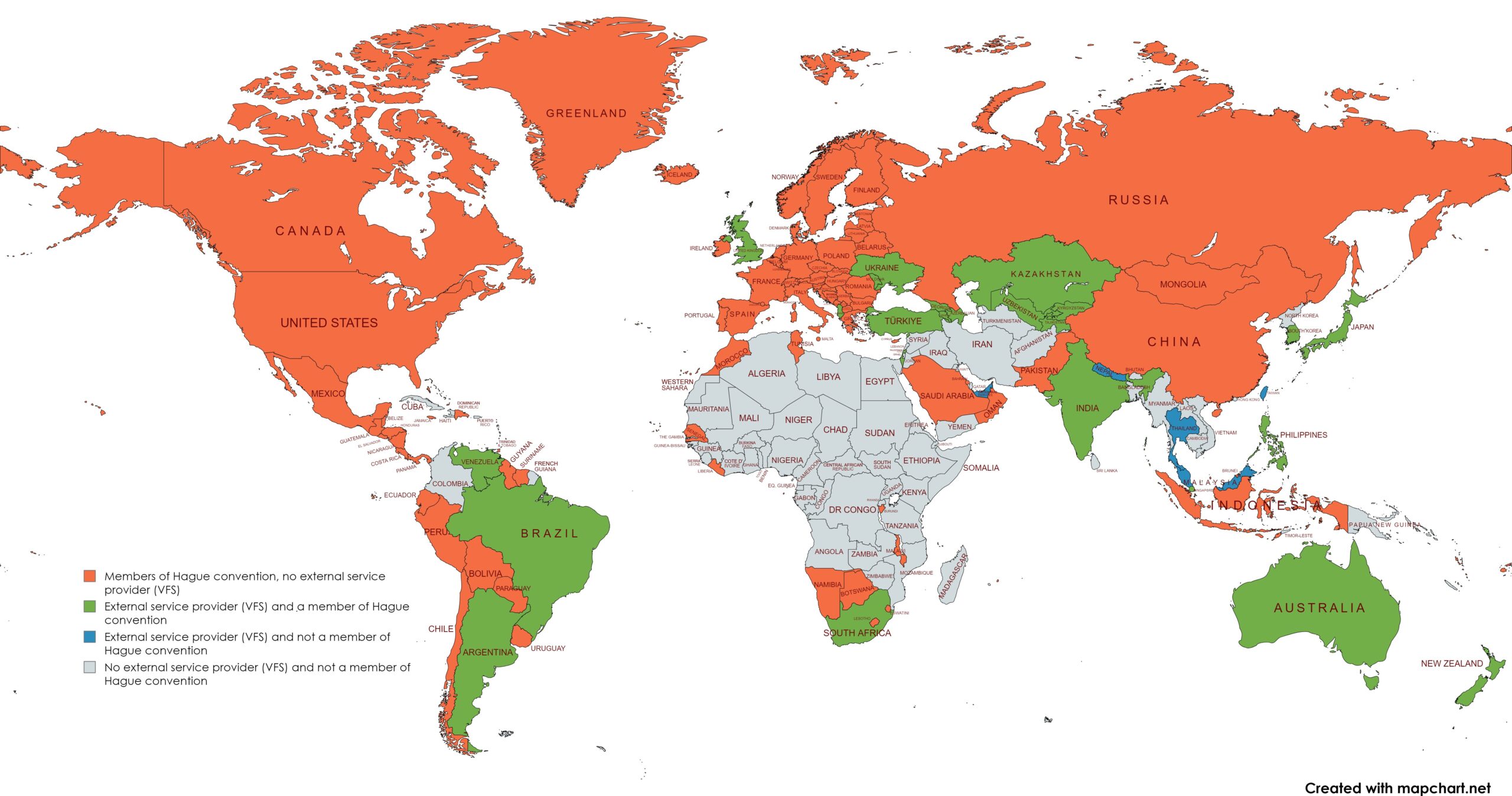 Map that shows countries requirements for document legalization