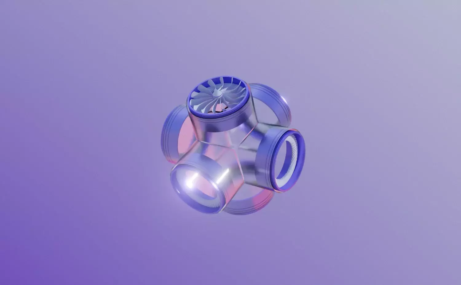 A modern visual representing the Aeronautical Engineering master's study programme at KTU. A transparent spherical mechanism with a fan inside gently rotates, symbolizing aerodynamic processes.