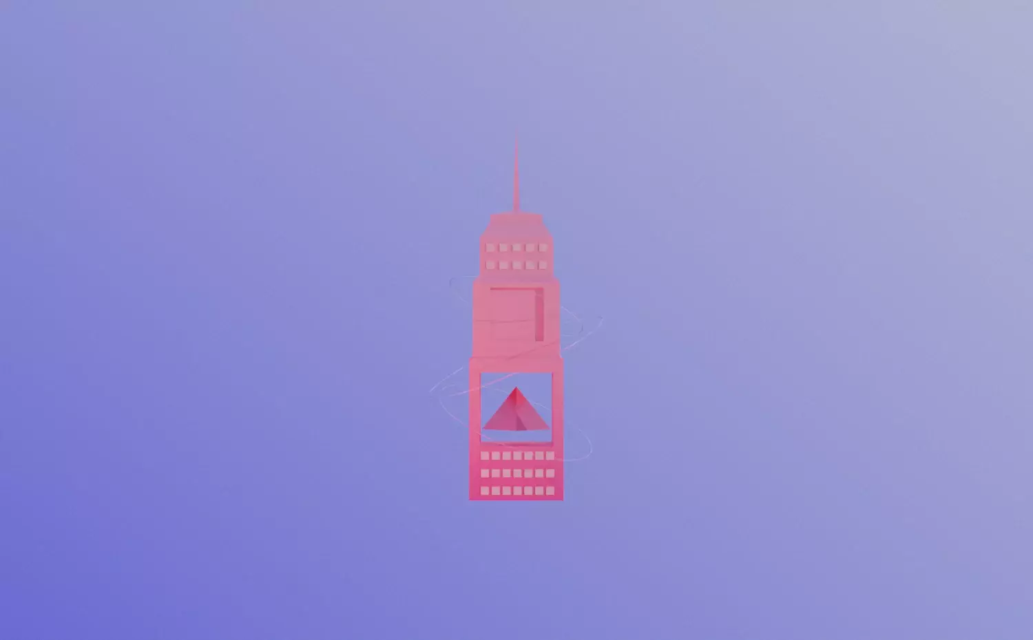 A stylized visual representing Architecture - integrated study programme at KTU. A vertical red building structure gently rotating with geometric patterns symbolizes the creative and technical balance in architecture.