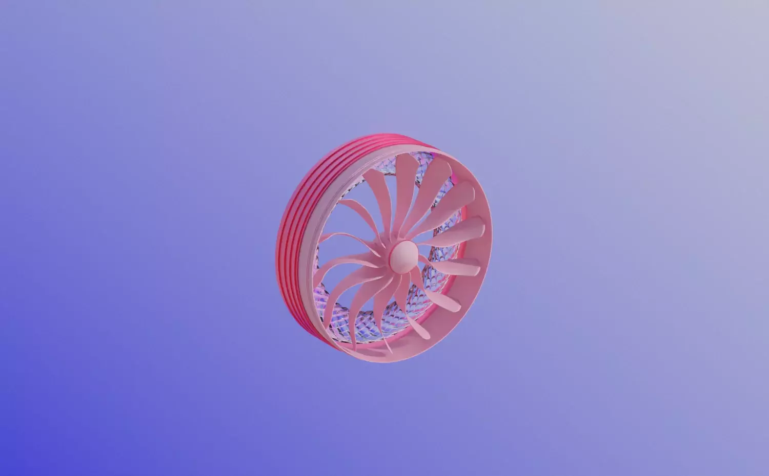 A visual representing the Aviation Engineering bachelor's study programme at Kaunas University of Technology (KTU). A pink fan-like mechanism gently rotates in the air, symbolizing the precision of aviation technologies.