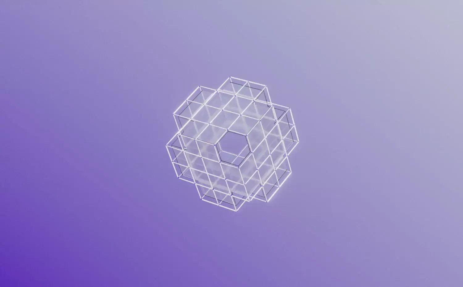 A technical visual representing the Digital Transformation and System Architectures master's study programme at KTU. A white geometric structure subtly vibrates on a blue background, symbolizing business process digitalization and architectural design.