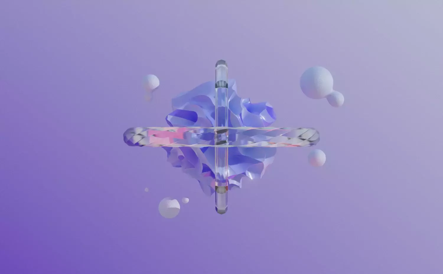 A structured visual representing the Environmental Engineering master's study programme at KTU. A violet crystalline structure with droplets symbolizes the study and implementation of environmental processes.