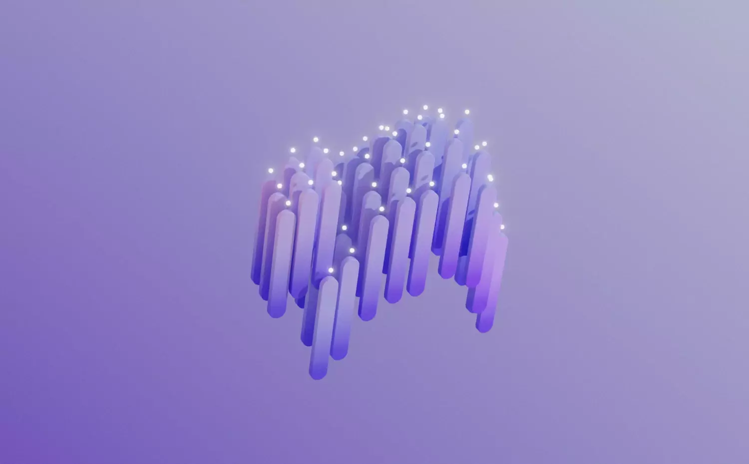 An abstract visual representing the Finance master's study programme at KTU. Vertical purple shapes with light points symbolize financial flows and investment dynamics.