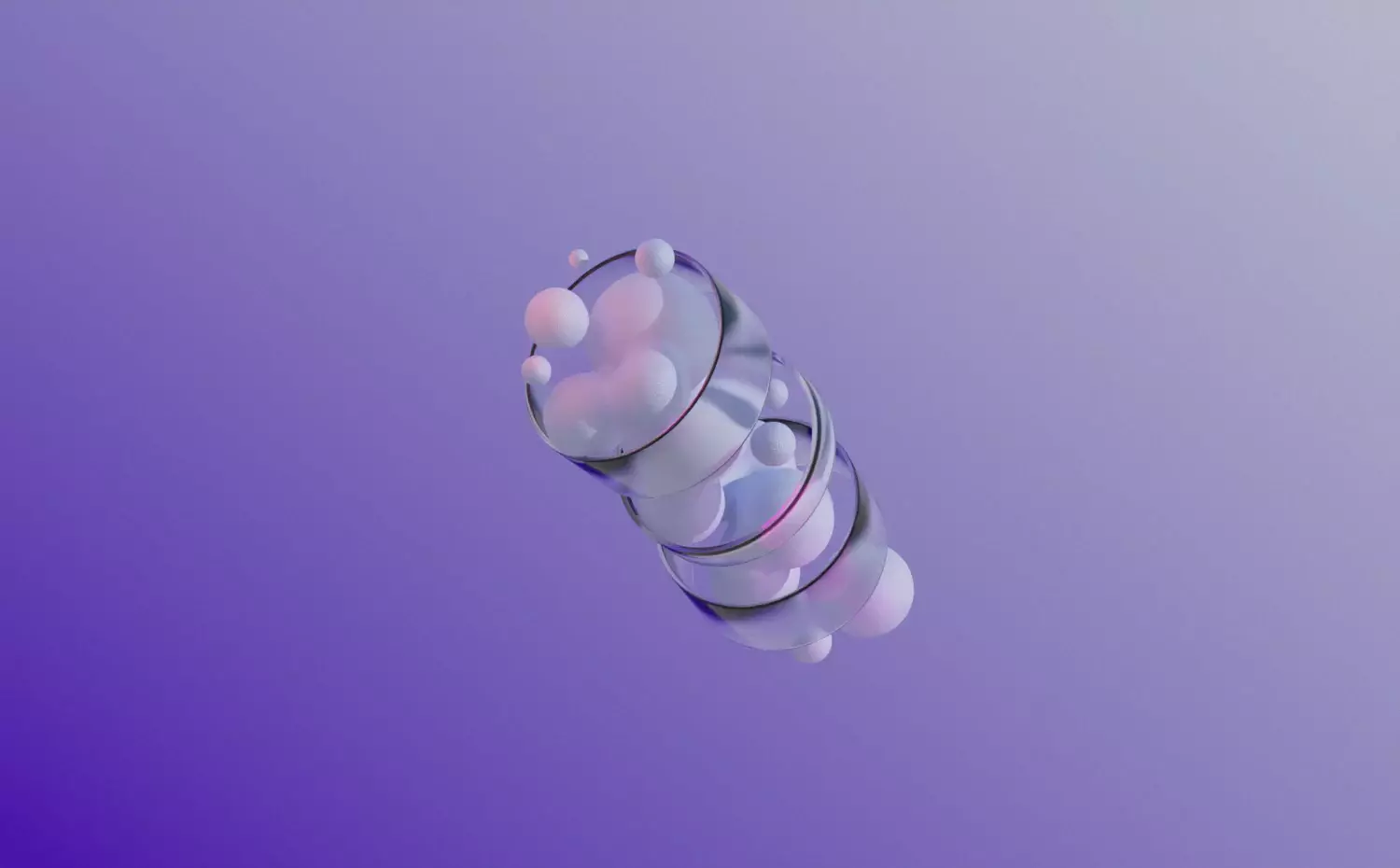 An organic visual representing the Food Science and Nutrition master's study programme at KTU. Violet spheres surrounded by a spiral structure symbolize the study of nutritional components.