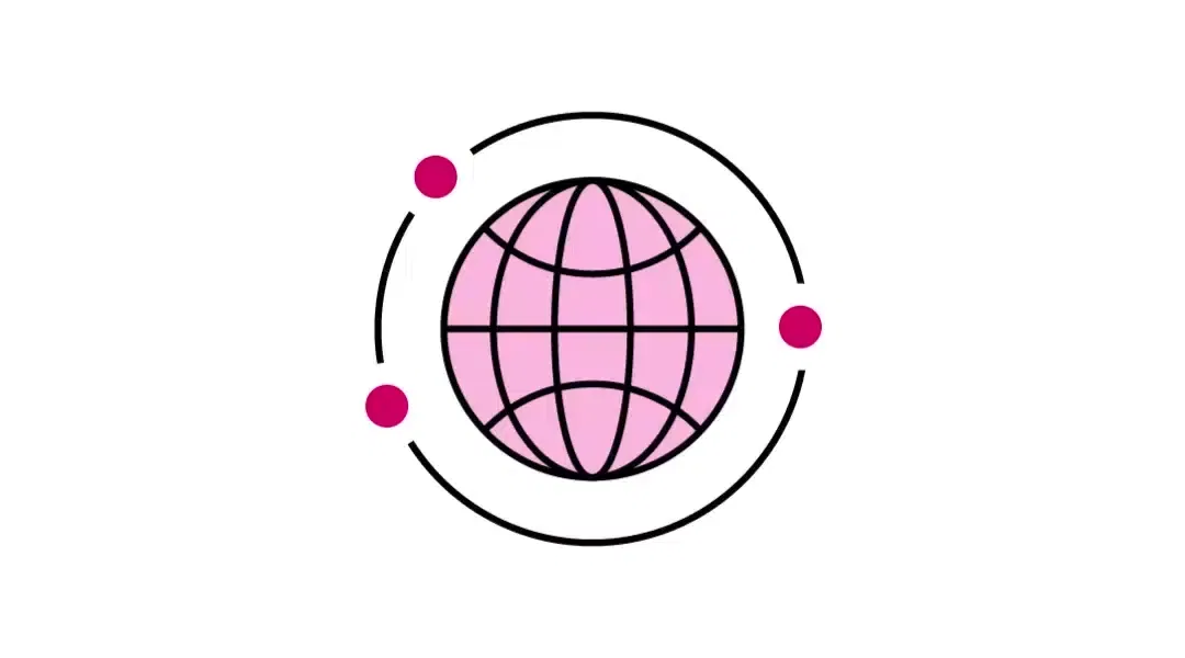 Globe icon surrounded by animating circulating dynamic connections around it – reflects global career prospects, international travel, and qualifications recognized world-wide.