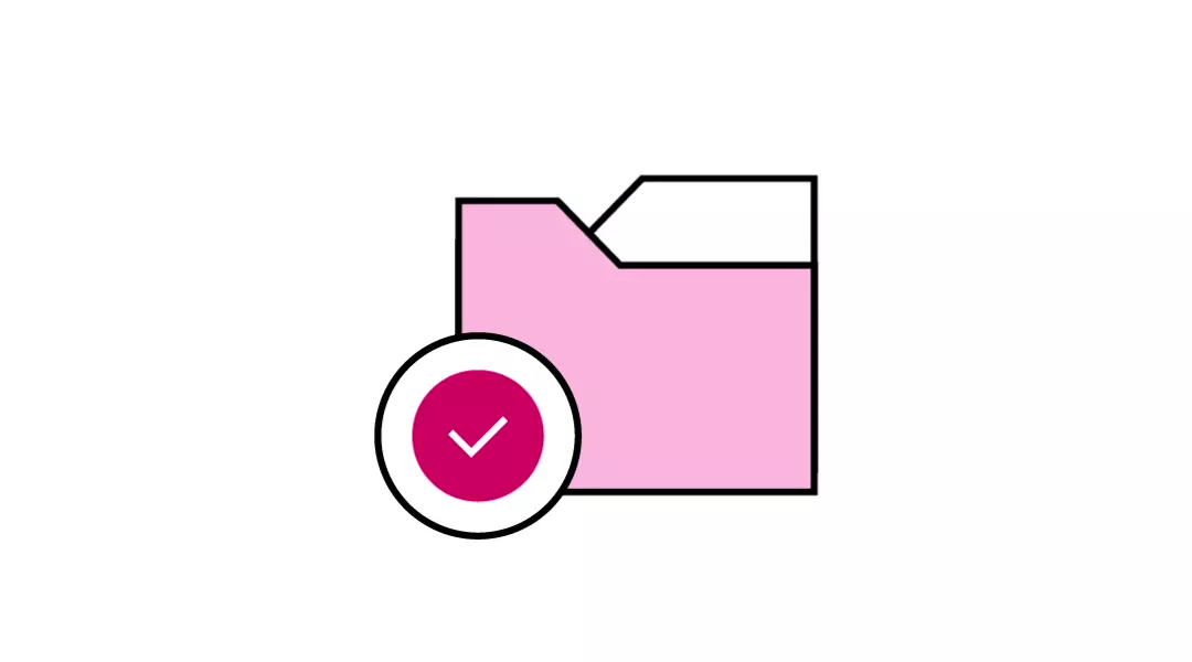 Folder with a checkmark – represents structured data management, planning workflows, and document quality control.