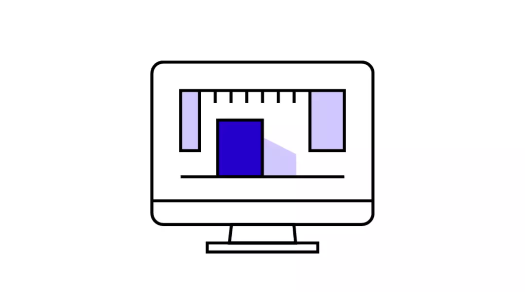 Computer monitor with scale and animated buildings – reflects digital planning, architecture, and building information modeling (BIM) in design-oriented careers.