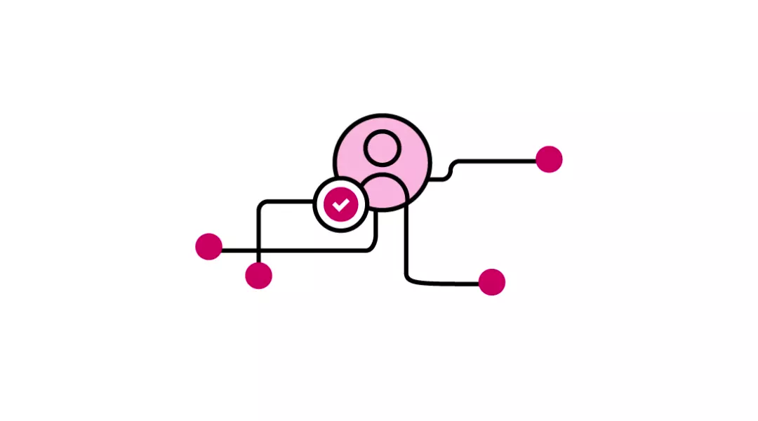 Animated network with a central user figuire and a checkmark icon – symbolizes innovation systems, specialist career paths, and tech expertise nurtured in top-rated study programme in Lithuania.