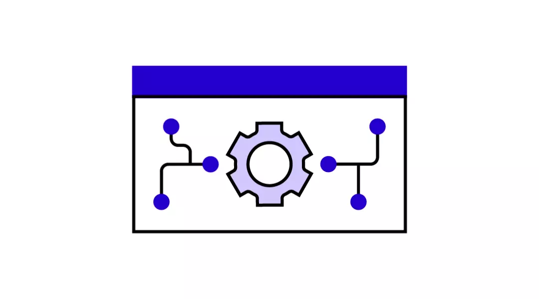 Monitor with gear and connected nodes – reflects modern digital technologies, systems innovation, and smart infrastructure design.