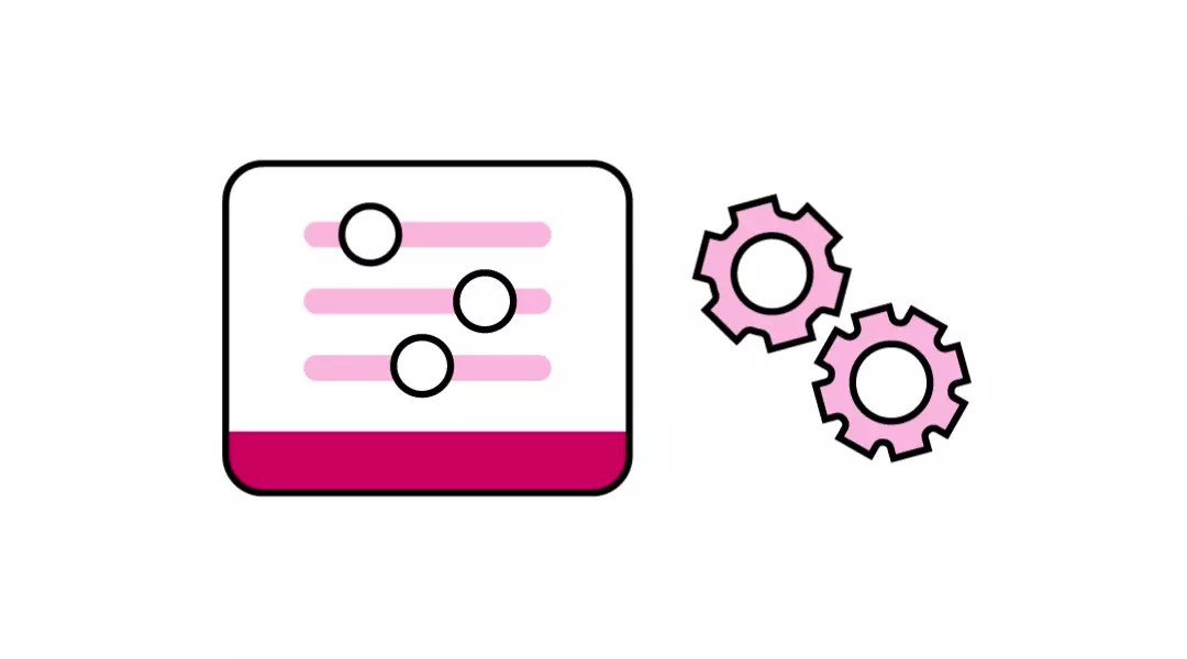 Interface with moving animated sliders and rotating gears – represents digital system planning, production process control, and mechanical automation.