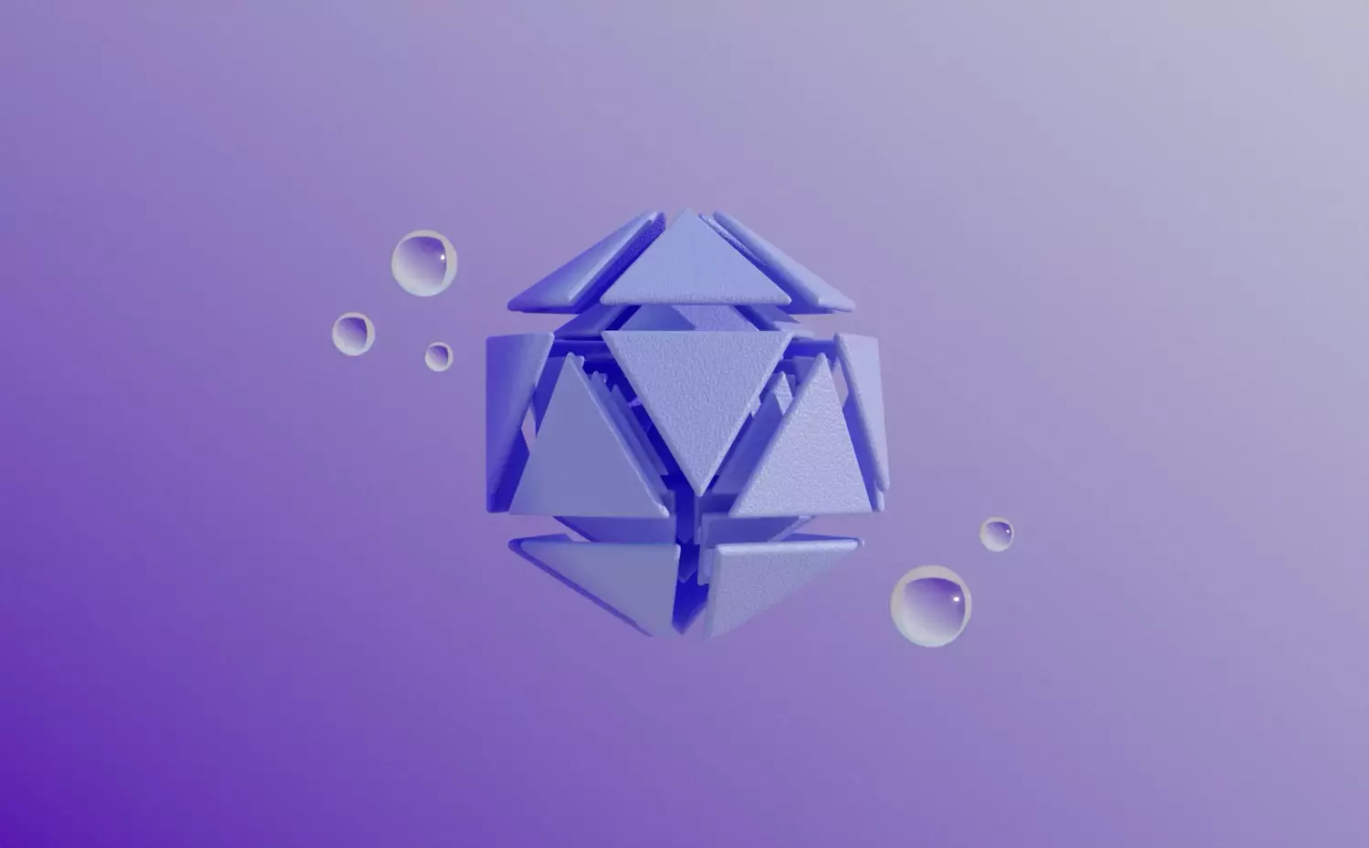 Animated visual representing the Master's programme in Architectural and Urban Contemporary Heritage at Kaunas University of Technology. A rotating blue 3D structure, set in a violet space and surrounded by floating bubbles, evokes the geometric forms of modernist architecture and its layered historical and sociocultural context.