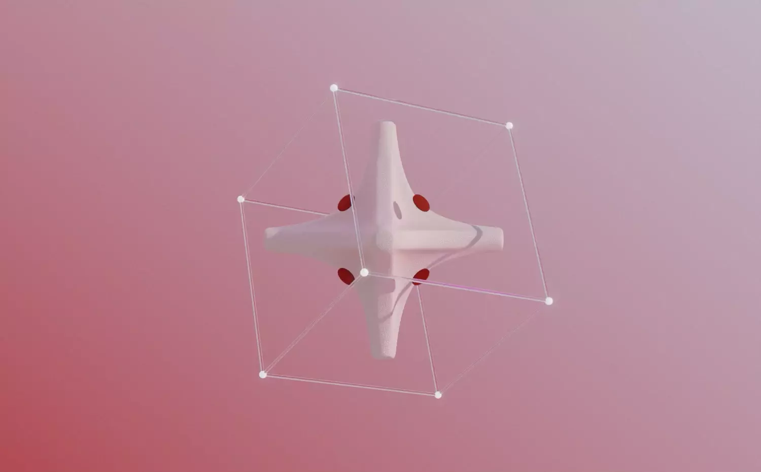 Animated atomic structure with moving white spheres and connecting points on pink background – symbolism of quantum physics and molecular structure research in natural sciences doctoral studies at Kaunas University of Technology.