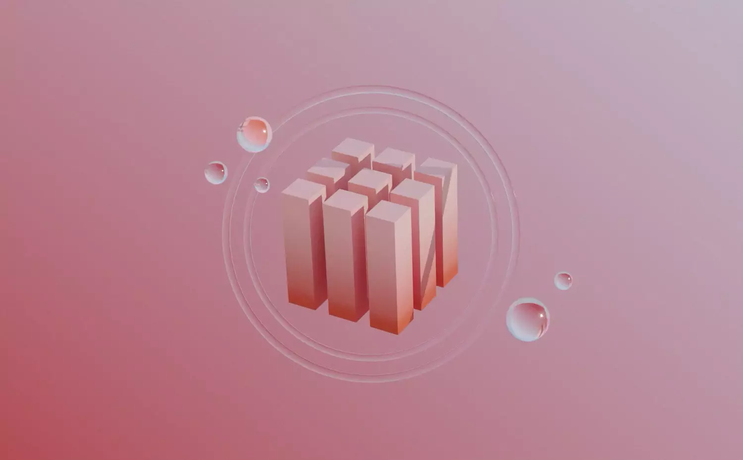 Abstract transparent 3D cylinders with pink core in center in dynamically moving configuration – contemporary visualization of social networks, community dynamics and sociological research methodology in Sociology doctoral PhD studies at Kaunas University of Technology.