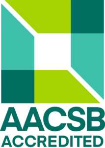 “AACSB Accredited” accreditation logo. The School of Economics and Business at Kaunas University of Technology (KTU) is accredited by AACSB, one of the most prestigious international business school accreditations. The logo functions as a link to information about the AACSB accreditation at KTU SEB.
