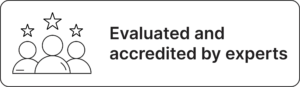 Icon featuring three stylized people with stars above them alongside the text “Evaluated and accredited by experts”. The visual represents external study quality assessment and accreditation carried out by the Centre for Quality Assessment in Higher Education in Lithuania.